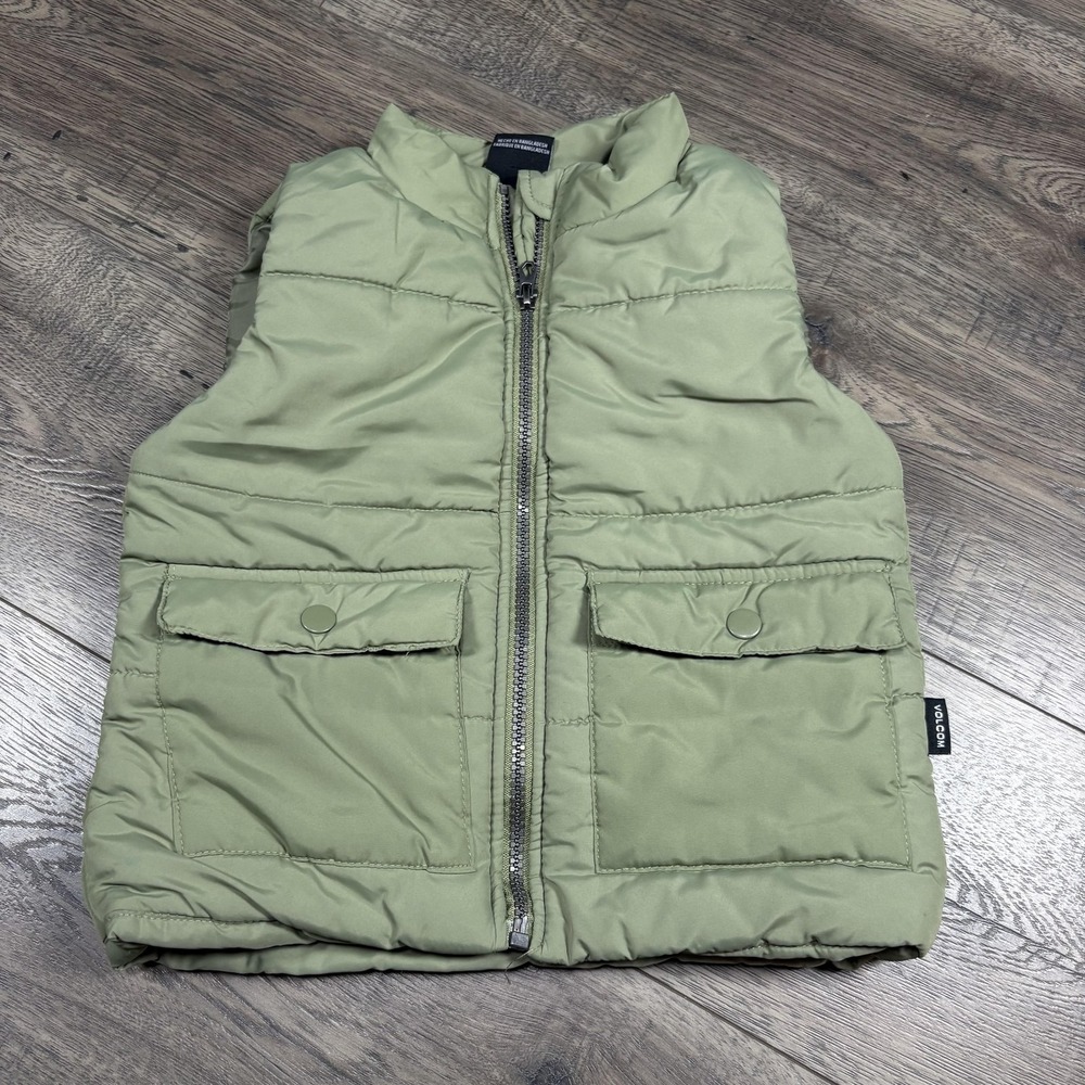 Volcom Vest Boys 3T Green Quilted Puffer Zip Pockets Insulated Winter Polyester